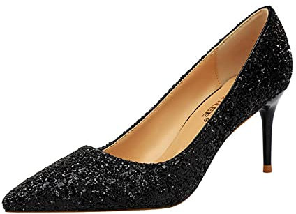 JOEupin Damen Pailletten Mid Heel Hochzeit Pumps Spitz Zehe Glitzer Brautschuhe, schwarz, 41 EU