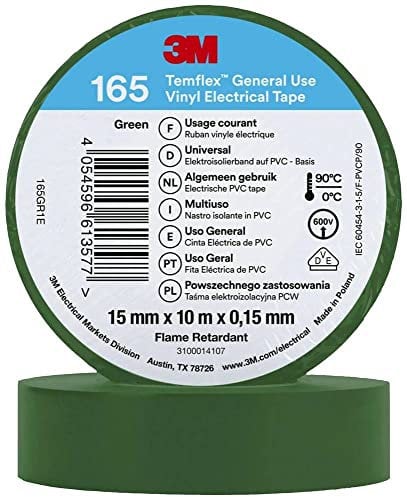 3M Temflex™ 165 165GR1E - Nastro isolante Temflex™ 165, 10 m x 15 mm, colore: Verde