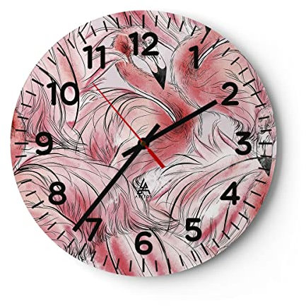 Modern Wanduhr Flamingo Pink Exotik 30x30cm Rund Klein Wand Uhr Glas Analog Zimmeruhren Küche Büro Wohnzimmer Glasuhr Wall Clock Dekoration Design Wanddekoration Küchenuhr C4AR30x30-5070