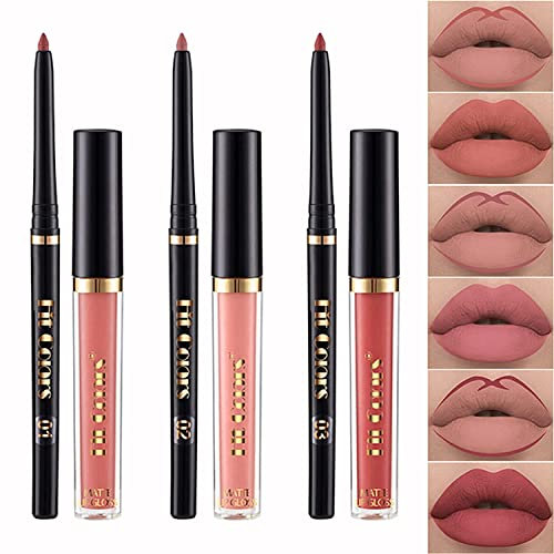 Juego de pintalabios mate, 3 pintalabios líquidos aterciopelados + 3 delineadores de labios, kit de brillo de labios pigmentado resistente al agua de larga duración, regalo de maquillaje (6PCS-A)