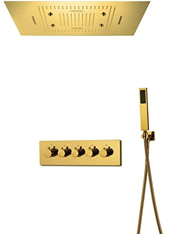 Luxury Rain Shower System, 60x80cm LED Shower Head with Bluetooth Music Speaker, Bathroom Thermostatic Shower Faucet Set,Remote Control Gold