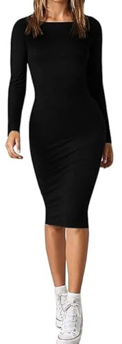 SHADOW DANCE UK Women's Sexy Bodycon Long Sleeve Round Neck Work Office Midi Pencil Dress - Slim Fit Solid Ribbed Knit Midi Pullover Dresses - Club Party Pencil Dresses Black_ML
