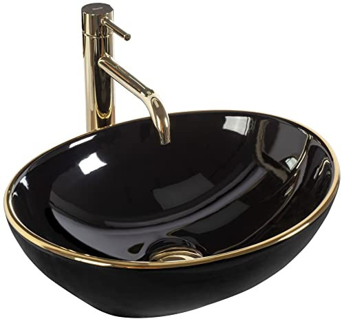 Rea Aufsatzwaschbecken Sofia Black Gold Edge Waschtisch Handwaschbecken Waschschale Waschbecken für Badezimmer aus hochwertiger Keramik 410 mm x 345 mm x 150 mm (Gold/schwarz)