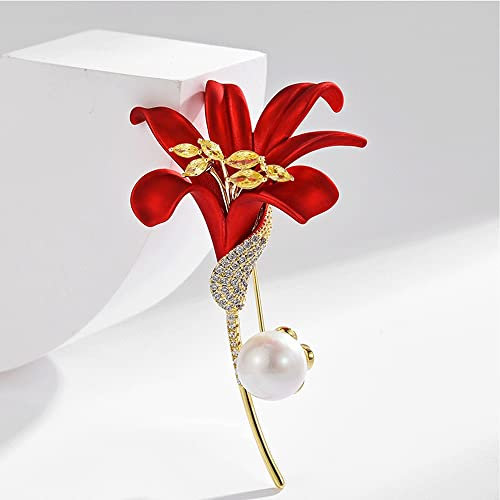 CAZARU Rote Lilie Brosche weiblich Tropfen Öl Blumen Corsage Anzug Mantel Perlen Pins Zubehör