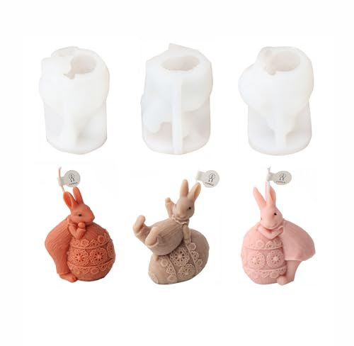 Xidmold 3 Stücke Ostern Ei Kaninchen Kerzeform 3D Osterhase Silikonformen Gießformen Ostern Silikonform für Fondant, Schokolade, Epoxidharz, Sojawachs Kerzen, Seife, Gips, Handwerk
