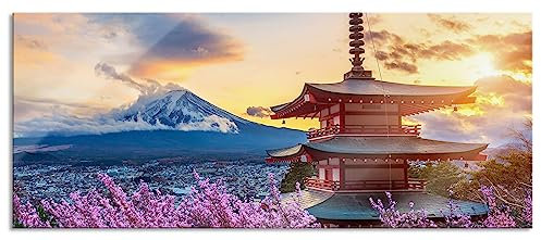 Pixxprint Glasbild Panorama, Wandbild aus Echtglas, Japanischer Tempel zwischen Kirschblüten, 120x50 cm, inkl. Aufhängung und Abstandshalter