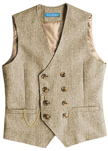 Solovedress Mens Vintage Wolle Anzugweste Regular Fit Weste Anzug Weste für Hochzeit Groomsmen(Champagne,L)