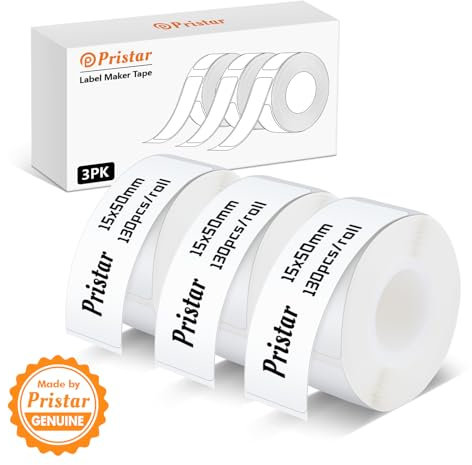 Pristar P15 Labels, 3 Rollen 15 mm * 50 mm Selbstklebendes Thermoband Etiketten, Kompatibel mit P15 Etikettendrucker, Geeignet für Zuhause, Büro, Schule, Lagerorganisation, Weiß, 130 Etiketten/Rolle