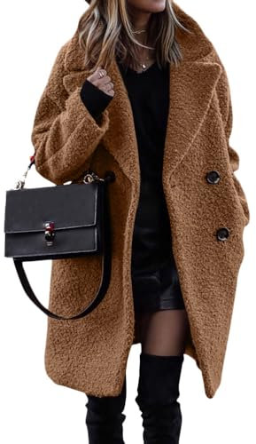 ORANDESIGNE Manteau d'hiver Femme Duveteux Polaire Revers Manches Longues Bouton Chaud Fausse Fourrure Vêtements D'extérieur Veste Sherpa Cardigan A Chameau L