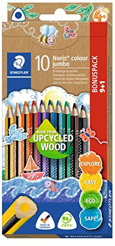 STAEDTLER, Buntstifte Noris colour jumbo Promotion, ergonomische Dreikantform, bruchsichere und weiche Mine, Made from Upcycled Wood, intensiver Farbabstrich, 10 Buntstifte im Kartonetui, 188 C10P