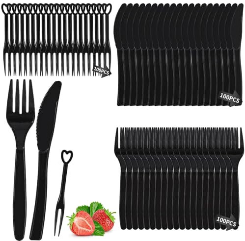 Plastikbesteck, 300 Stück Party Besteck Wiederverwendbar, Plastikgabeln, Plastik Messer, Robustes Kunststoffbesteck, Plastikbesteck Set für Familienfeiern Outdoor Dinne(Schwarz)