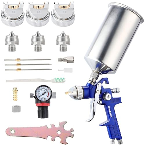 ENDOZER HVLP - Juego de pistola de pulverización de aire profesional de alimentación por gravedad con boquillas de 1.3 1.5 y 1.8 mm, pistola de pintura con taza de aluminio de 1000 cc para pintura de