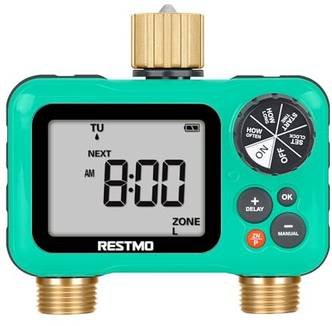 RESTMO Temporizador de aspersor con entrada y salida de latón, temporizador de agua programable de 2 zonas para manguera de jardín, temporizador de manguera de 3 programas separados, retardo manual/de