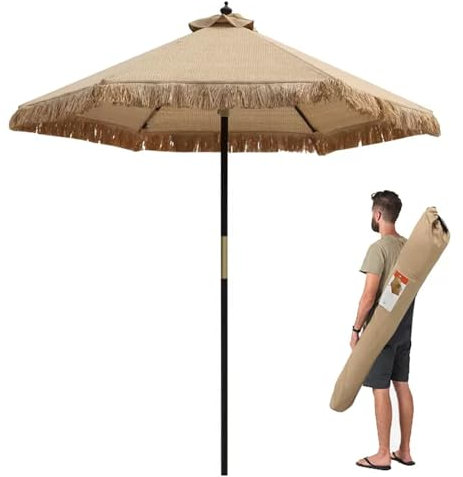 Parasol Paille Style Hawaïen Pare Soleil Ø 2,1 m, Parasol De Jardin Extérieur avec mât en Bois et 6 Nervures, Parasol de Terrasse avec Cordon de Serrage