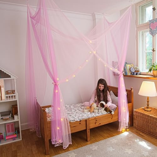 Betthimmel-Vorhänge mit Lichtern, Doppelbetthimmel für Mädchen, Rosa & Lila, passend für Twin & Twin XL | Bettvorhänge von Decke oder Bettgestell, Bettvorhänge, Betthimmel & Vorhänge,