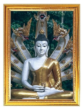 Goldener Bilderrahmen mit Lord Buddha für Pooja, Indianer mit religiösem oder spirituellem Thema, Tempel, Puja, Zimmer, Heimdekoration, Anbetung, 8,6 x 11