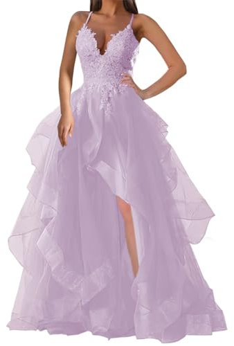 WSEYU Vestido de fiesta con tirantes delgados, vestido de princesa con apliques de encaje, vestido largo formal de noche con abertura, Lila, 36