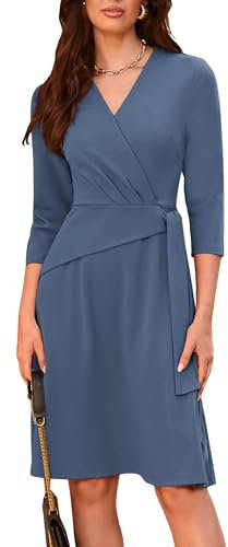 Damen A-Linien-Kleid Business Slim Fit mit Gürtel Hochzeitsgastkleider Alltagskleid Grau Blau L