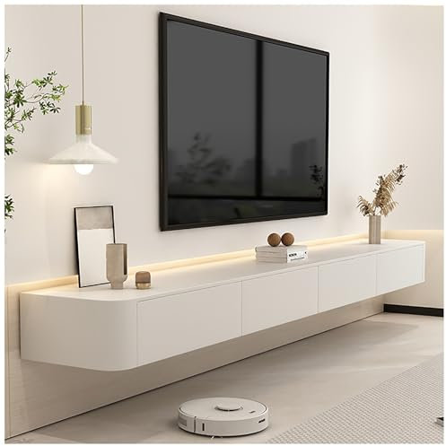 KSYGINXD 220cm Space Saving Floating TV Cabinet Wall-Mounted Media Console With Cable Management & Ample Storage For Any Room(White,220x24x20cm)