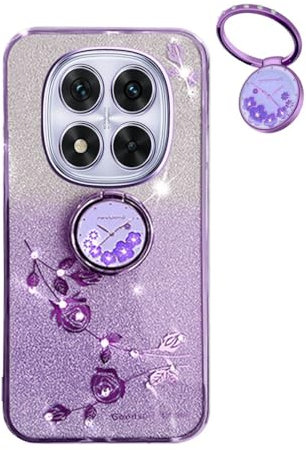 YUECXIN Glitter Case for Xiaomi Redmi Note 14 Pro 5G/Poco X7 5G, Bling Shiny diamond Sparkle Design Women Girls Cover, Ultra Thin Shockproof Flowers Ring Stand Soft Transparent Case, Purple
