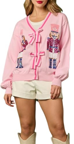 Alaurbeauty Cardigan de Noël à paillettes pour femme - Motif graphique - Boutonnière - Col en V - Mignon - Ouvert sur le devant - Tricoté - Cardigan amusant, Casse-noisette rose, M