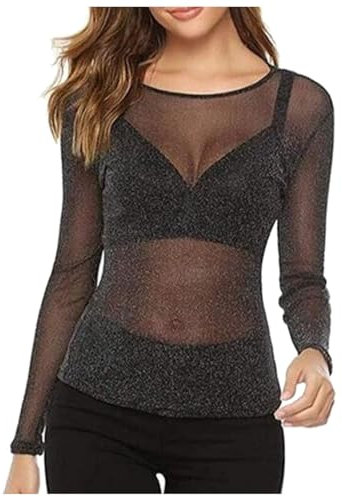 Camiseta Rejilla Mujer:Camiseta Transparentes,Camisetas Basicas Transparente Mujer Rosa Interior Manga Larga Elástica Body Y2k Informal