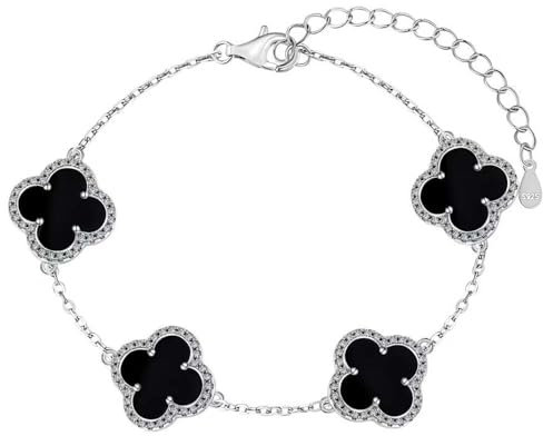 Lllunimon Einzigartiges vierblättriges Kleeblatt Armband für Frauen Männer Weiß Schwarz Grün Lucky Link Klee Armbänder, 925 Sterling Silber Schmuck Weihnachten Valentinstag Geschenke,Schwarz
