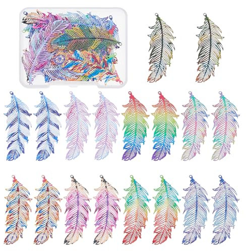 Hobbspring 18 Stück 9 Farben Feder Charms Edelstahl Filigrane Anhänger Regenbogenfarben Metallverzierungen Filigrane Flügel Ohrring Charm Zur Schmuckherstellung Armband Halskette