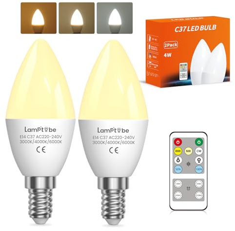 4W E14 Ampoule LED avec Télécommande - E14 Dimmable à 3 Températures (Blanc Chaud/Blanc Froid/Blanc Chaud Lumière), Fonction Mémoire & Minuteur,Équivaut 30-40W,C37 pour Lampe de Chevet & Veilleuse