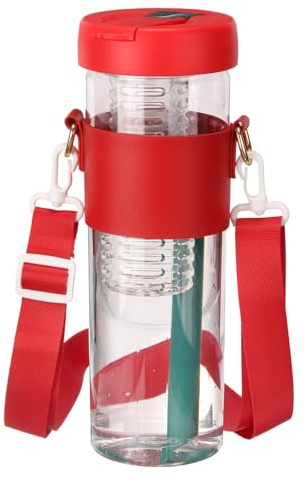 sourcing map Fruit Infuser Water Bottle 29 oz Plastic LeakProof Shatter Proof Water Bottle with Foldable Straw and Carry Handle for Gym Camping Travel Cold Drinks, Red