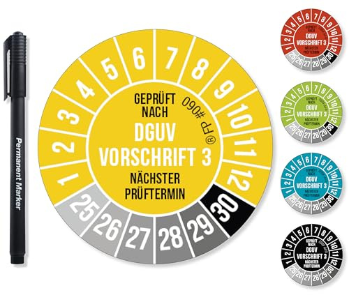 Frank Paperman® 1200x DGUV V3 Prüfplaketten Gelb 30 mm Durchmesser inkl. Folienstift, Prüfplaketten Nächster Prüftermin, UV-beständig, Hohe Klebkraft, 5 Farben, 2 Größen