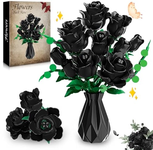 kiothdre Kit Construction Fleur Rose Noire, Botanicals Bouquet de Roses Fleurs Artificielles Gothiques pour Adultes, 443PCS Rose Bouquet, Cadeau Saint Valentin Femme Adulte
