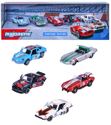 Majorette Auto-Set Vintage Racing (5 Autos) - 5 Rennwagen-Klassiker aus Metall mit Freilauf, Federung & zu öffnendem Teil, Spielzeugautos für Sammler und Kinder ab 3 Jahre, je ca. 7,5 cm
