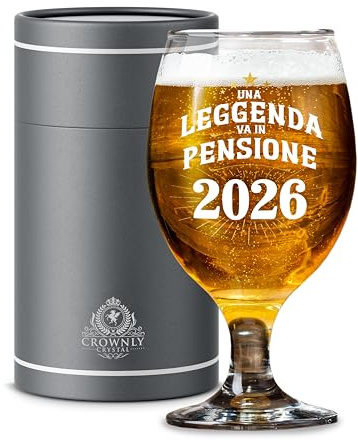 CROWNLY CRYSTAL Bicchiere Da Birra Personalizzato Regalo Pensione Uomo Con Scritta Una Leggenda Va In Pensione 2026 In Vetro Elegante Con Scatola Regalo Premium Per Festa Pensionamento