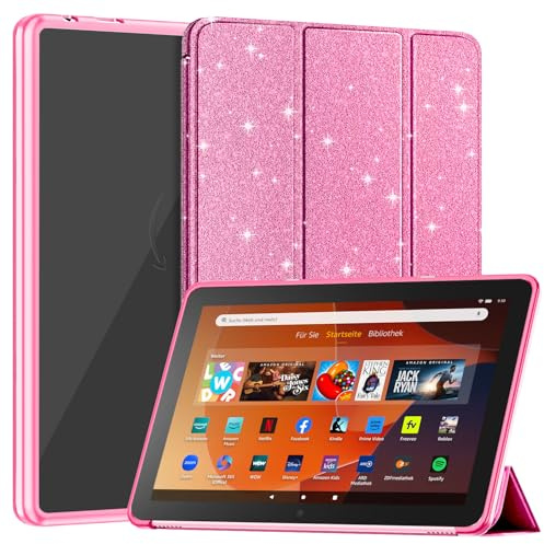 Smart Hülle für 10,1 Zoll Tablets, Nicht für TCL Sony 10,1 Zoll, Schlanke Leichte Dreifach Faltbare Ständer Hülle Mit Auto Schlaf/Wach -Glitter Rosa