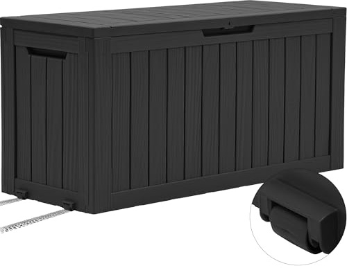 YITAHOME Outdoor Storage Box with Wheels, 270L Plastic Deck Box, Waterproof Garden Chest for Cushions, Tools & Pool Supplies, Lockable, Faux Woodgrain, 114.7 x 46.5 x 57.6 cm, Black