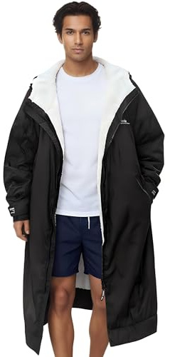 Catalonia Classy Wasserdichter Wickelmantel für Damen & Herren, Winddichter Surf Poncho mit Sherpa-Futter, Wärmemantel Schwimmen Triathlon Surfen Outdoor Bademantel, Schwarz