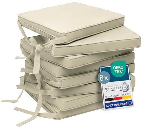 Beautissu Stuhlkissen 8er Set Stuhlpolster mit Bändern rutschfest | 45x40cm Natur Sitzkissen für Stühle Sitzpolster mit Befestigungsbändern Sitzauflage Polsterauflage Gartenstuhl Kissen Loft SK