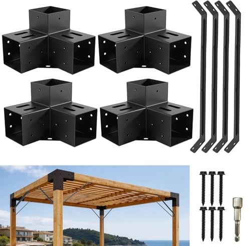 Staffe per pergola 4 x 4 (attuale: 9,1 x 9,1 cm), staffa angolare a 3 vie, kit fai da te per pergola con staffa di supporto ad angolo di 45 ° per gazebo, pergole da patio, pergola, capanna di tronchi