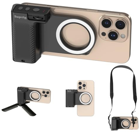 Suptig Fun Shot Magnetic Phone Camera DSLR Style Shutter Grip Compatible for iPhone & Android with Detachable Wireless Shutter Button, Features a Built-in 1/4 Screw, Shoulder Strap Mount.