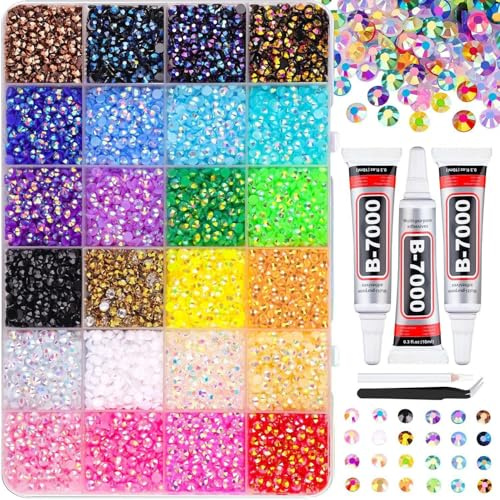 24 Colours Bedazzling Rhinestone Kit with Glues, 24000 Bedazzler Kit Gems for Crafting, 3mm Nail Gems for Bedazzling with 3 PCS Glues, Tweezer & Pen