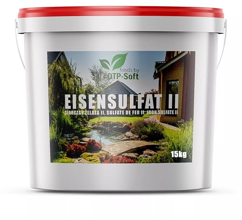 Eisensulfat 15 kg im praktische Verpackung Eimer - Rasendünger gegen Moos für Rasen und Garten - Moosverdränger Rasendünger Turbodünger für sattgrünen Rasen - Eisen-II-Sulfat Granulat im Eimer