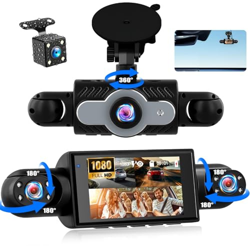 SIXTOP 4 Cámaras Dashcam con Visión Envolvente 360° DVR para Coche Pantalla Full HD 1080P 3 Pulgadas, Detección de Movimiento, Grabación en Bucle Asistencia de Marcha Atrás para Coche/Camión