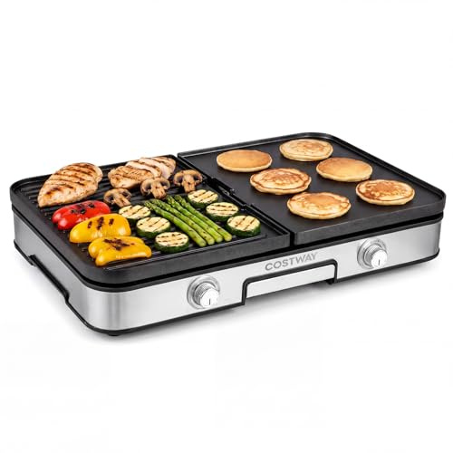 COSTWAY Plancha Cocina 3 en 1, Temperatura Ajustable Independiente | Parrilla Eléctrica 2000W con 2 Placas Reversibles, Superficie Antiadherente, Grill Barbacoa Interior Exterior Picnic