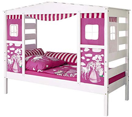 TiCAA Hausbett mit Bettkasten Horse Rosa Kiefer Weiß