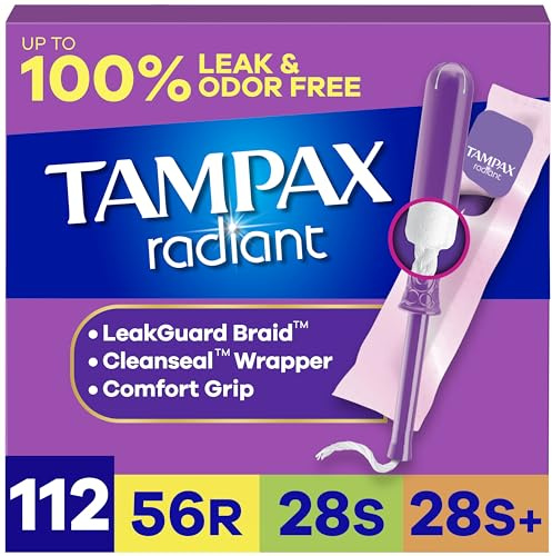 Tampax Radiant Tampons für Frauen, Multipack, mit LeakGuard-Geflecht, regulär/Super/Super Plus Saugfähigkeit, geruchlos, 112 Stück (4 Packungen mit je 28 Stück), Verpackung kann variieren