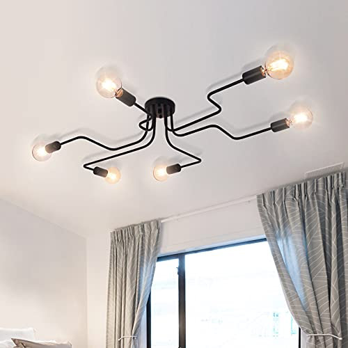 OYIPRO Deckenlampe 6-Flammig, Vintage Deckenleuchte, DIY Kreative Kronleuchter, Innen Beleuchtung für Wohnzimmer Schlafzimmer Esszimmer Flur Bar Café Restaurant Schwarz