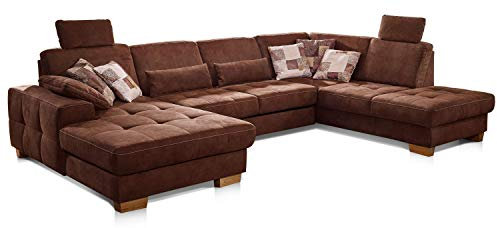 CAVADORE Wohnlandschaft Puccino mit Federkern, Bettfunktion, Sitztiefenverstellung und 2 Kopfstützen / Sofa in U-Form im Landhausstil / 340 x 86 x 224 cm / Mikrofaser braun