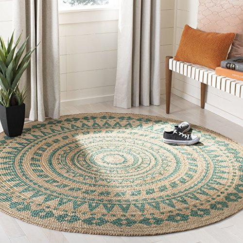 SAFAVIEH Naturfaser-Teppich – 91 cm, rund, blaugrün und natürlich, handgefertigt, Boho-Mandala-Geflochtene Jute, ideal für stark frequentierte Bereiche im Wohnzimmer, Schlafzimmer (NF802E)