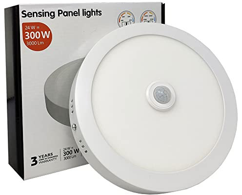 FactorLED Plafón LED Techo con Sensor de Movimiento Circular 24W, Panel Superficie Redondo con Detector de Presencia, 22’5cm Ø, NO Flick, Lámpara Luz Natural 4000K